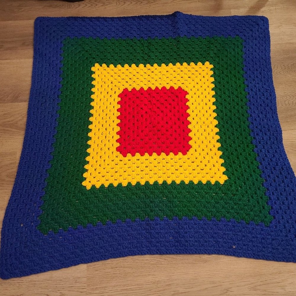 VTG Granny Square 35x35 Crochet Throw Blanket Afghan Colorful Blue Green Red